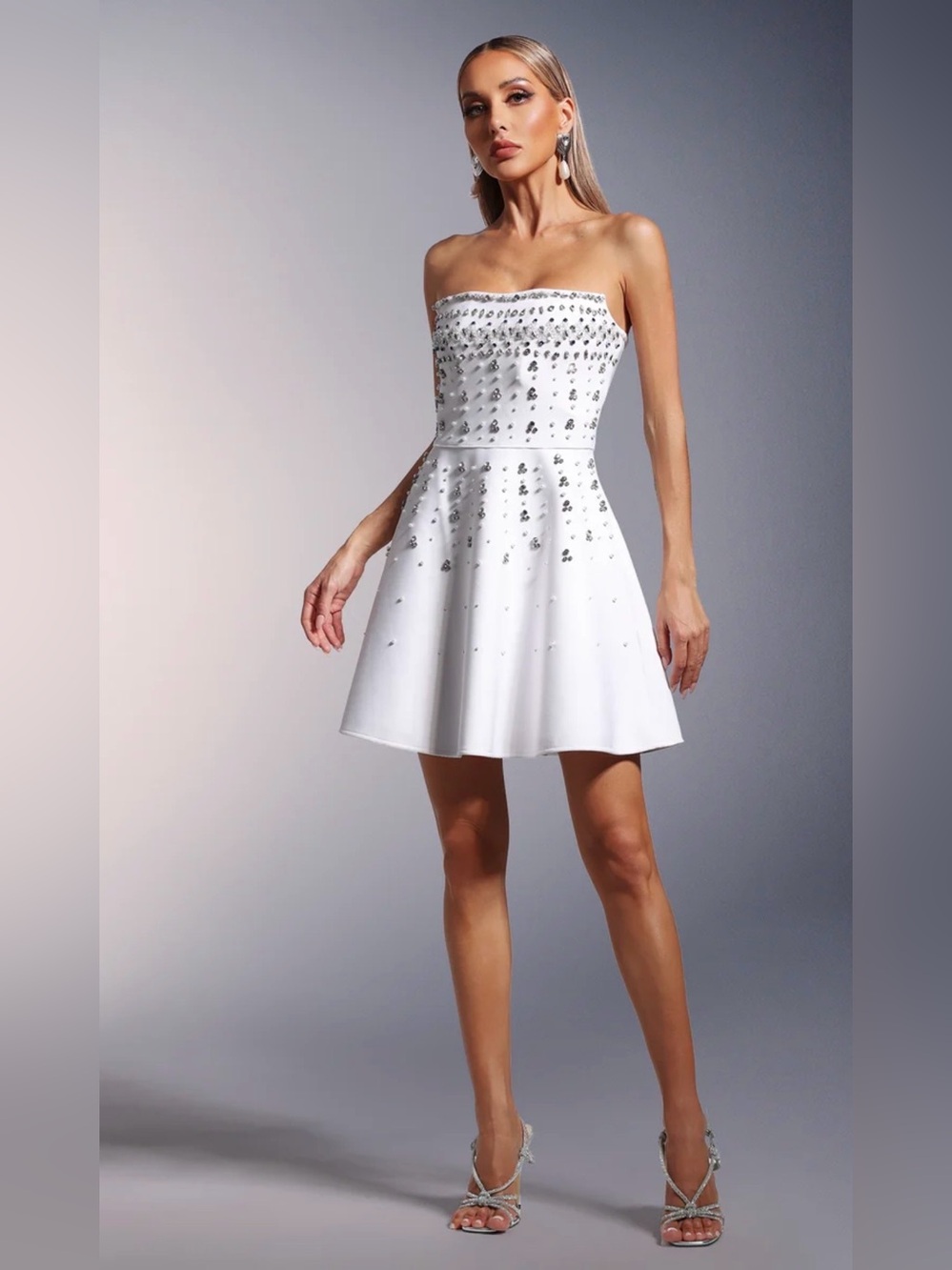 Bella Barnett Strapless White Embellished Mini Dress